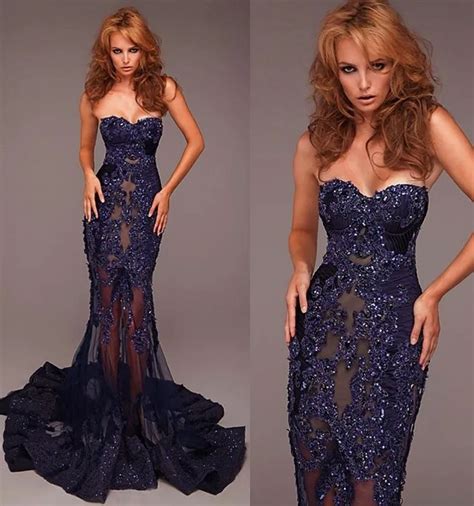Sexy Evening Dresses Navy Blue Formal Evening Gowns Sheer Tulle Beaded Sequin Appliques