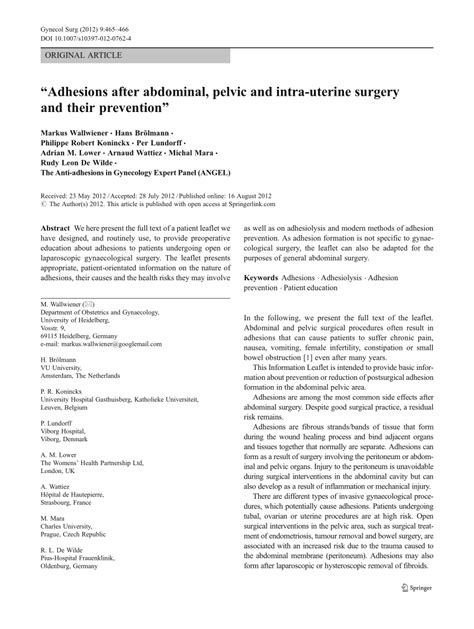Pdf Adhesions After Abdominal Pelvic And Intra Uterine Surgery And