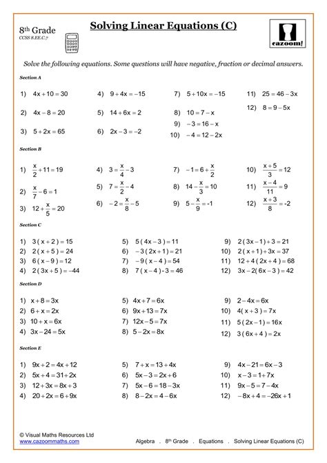 Math Worksheet 8th Grade
