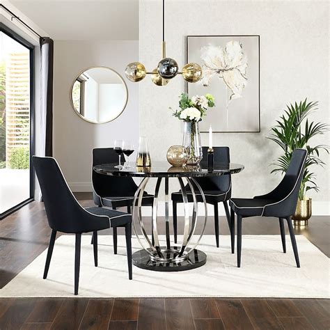 Finishing off is the dining chairs, made from pu they are padded for extra comfort and compliment the table perfectly. Savoy Round Black Marble and Chrome Dining Table with 4 ...