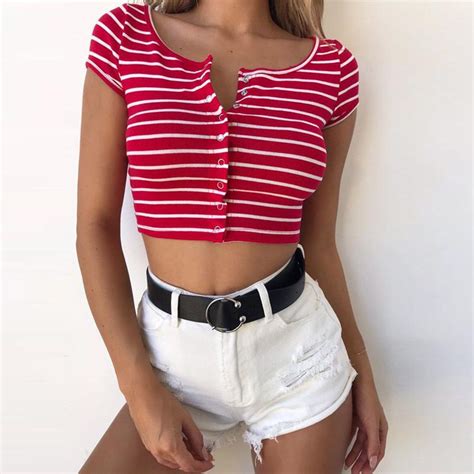 Red White Stripes Short Sleeves Button Down Crop Top T Shirt Crop Top