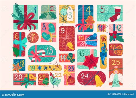 December Festive Advent Calendar Flat Vector Illustration Stock