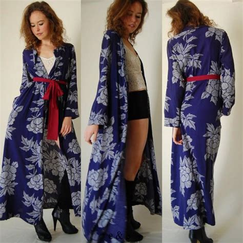 Japanese Kimono Vintage Dark Blue Graphic Floral Asian Ethnic Boho