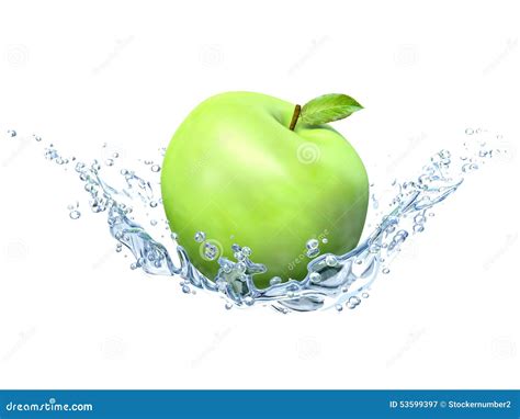 Green Apple Under Water With A Trail Of Transparent Bubbles Stock