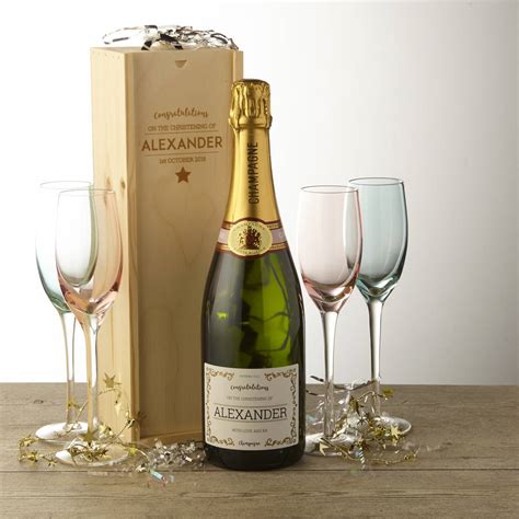 The perfect accompaniment for any spirits gift. Personalised Champagne And Wooden Box Christening Gift By ...