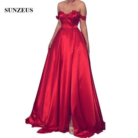 2022 Long Red Prom Dresses With Hand Made Flowers A Line Sweetheart Off Shoulder Straps Party