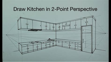 A Drawing Of A Kitchen In 2 Point Perspective With The Words Draw