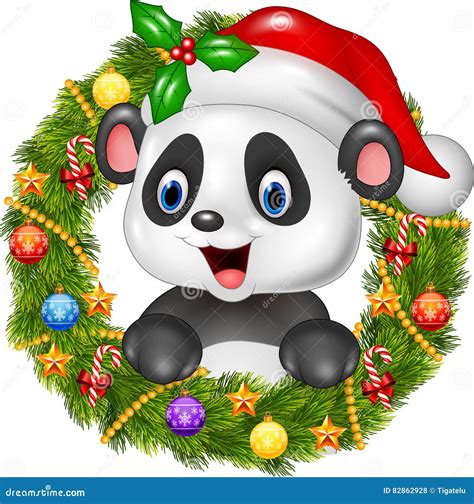 Christmas Wreath With Happy Panda Bear Stock Vector Illustration Of