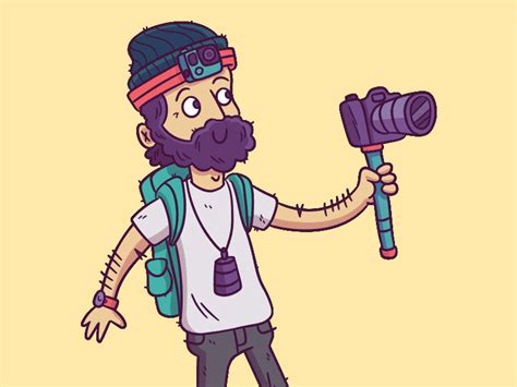 A Man With A Beard Is Holding A Camera And Wearing A Hat While Standing
