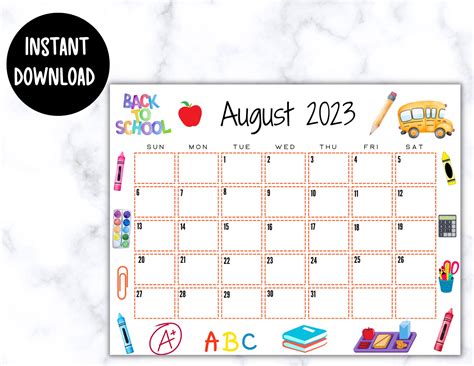 Editable Printable August Calendar 2023 Back To School Etsy
