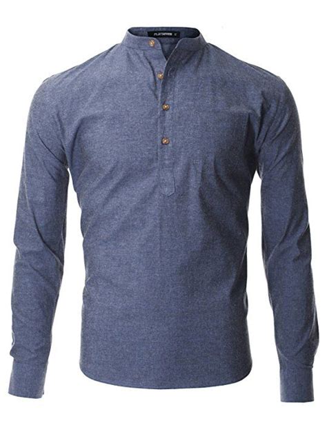 flatseven men s casual mandarin collar popover long sleeve henley shirt sh216 blue s men