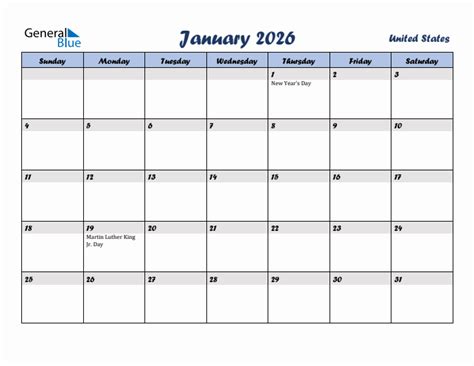January 2026 Monthly Calendar Template With Holidays For United States