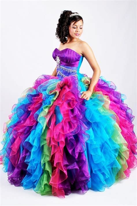 2017 Ball Gown Rainbow Quinceanera Dresses Puffy Organza Bling Crystal