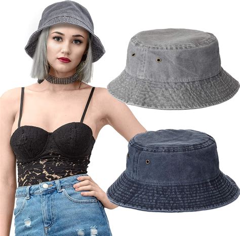 2 Pieces Washed Cotton Denim Bucket Hat Travel Packable Beach Sun Hat