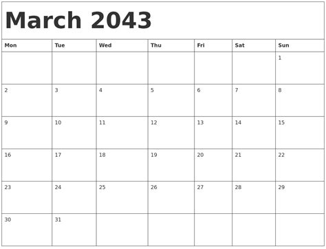 March 2043 Calendar Template