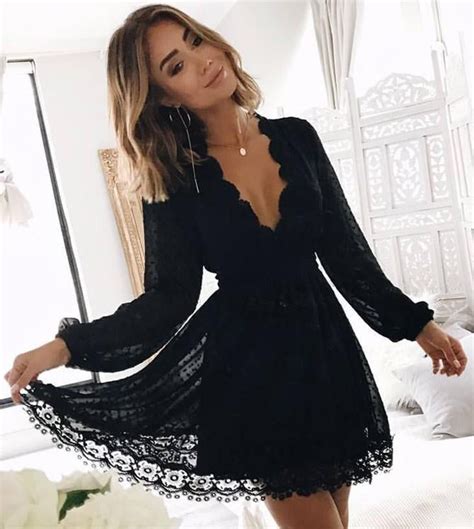 Buy Chic Black Deep V Neck Long Sleeves Lace Homecoming Dress Black