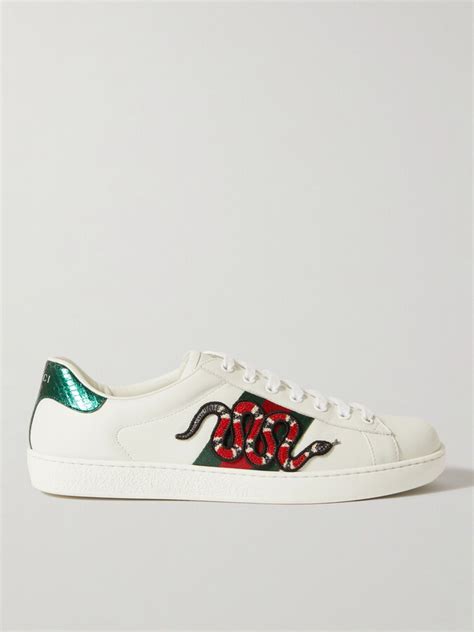 Gucci Ace Watersnake Trimmed Appliquéd Leather Sneakers Shopstyle
