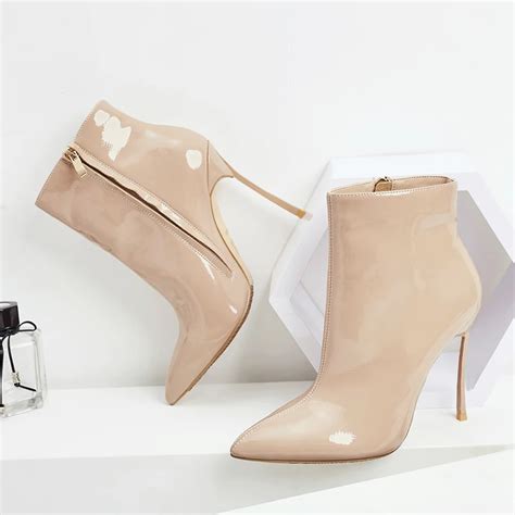 Buy Autumn Hot Selling Nude Patent Leather Ankle Boots Woman Pointed Toe Thin