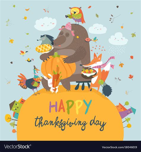 Cute Animals Celebrating Thanksgiving Day Vector Image