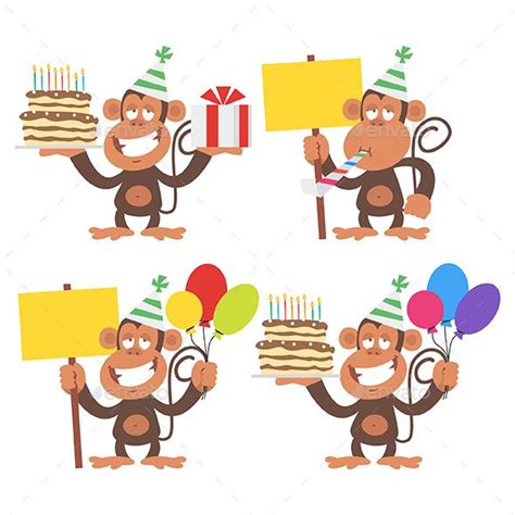 Monkey With Birthday Cake And Balloons Animals Characters