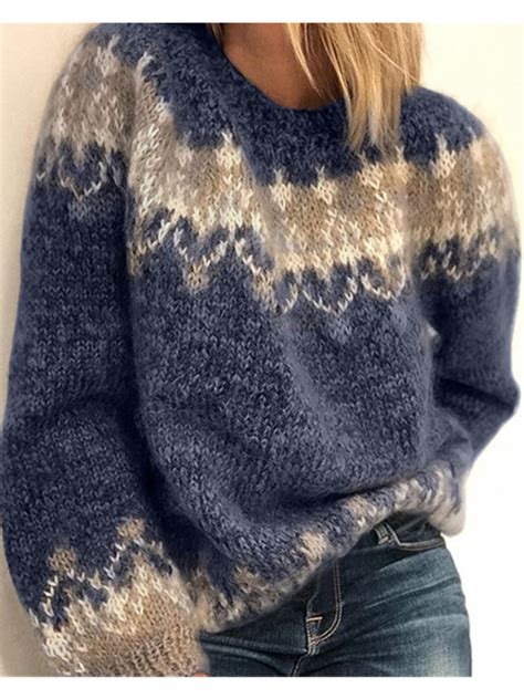 Womens Fashion Long Sleeve Fair Isle Sweater Plus Size Oversized