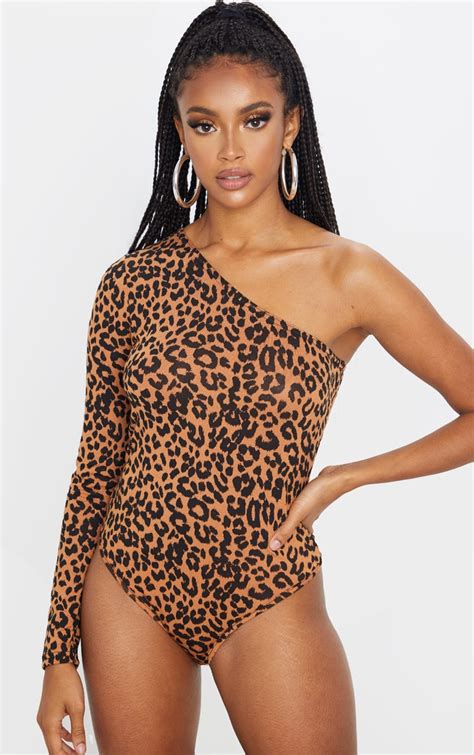 tan leopard one shoulder long sleeve bodysuit prettylittlething usa
