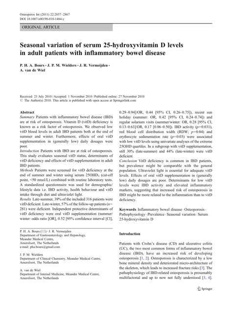 Pdf Seasonal Variation Of Serum 25 Hydroxyvitamin D Levels In Adult Patients With Inflammatory