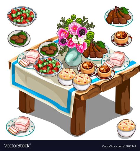 Festive Table With Delicious Food And Flowers Vector Image Delicious