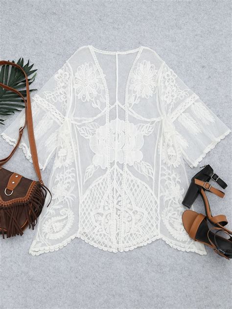 Floral Embroidered Sheer Lace Kimono Cover Up White 3E29677012