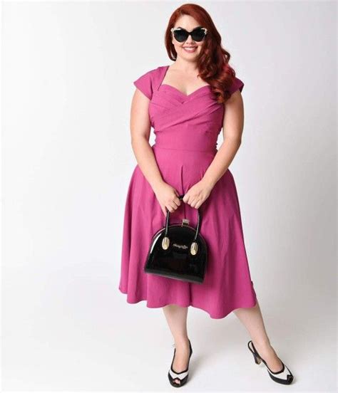 Exclusive Stop Staring Mad Style Plus Size Fuchsia Cap Sleeve Swing Dress Plus Size Retro
