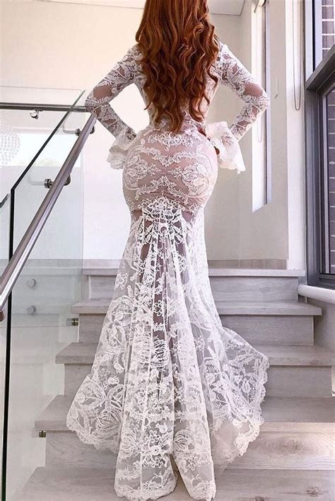 Beautiful Prom Dresses V Neck Mermaid White Lace Slit Long Prom Dress