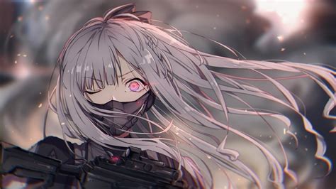 Download 1600x900 Girls Frontline Anime Games Long White Hair Mask Shocked Expression