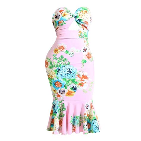 Women Strapless Bodycon Dress Pink Floral Print Sleeveless Hollow Out Sexy Dress Summer Party