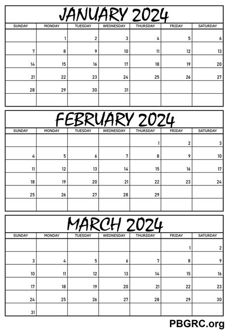 January February March Calendar 2024 Printable Template
