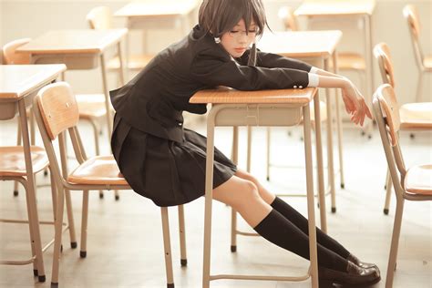 Cosplay 1080p Asian Glasses Knee Highs Brunette Schoolgirl Women