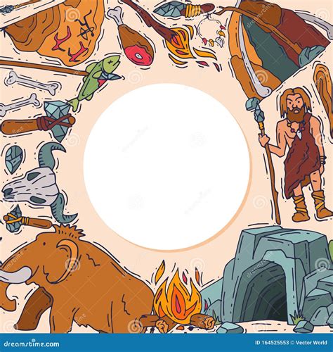 Ancient Man Set Stone Age Cartoon Caveman Vector Illustration