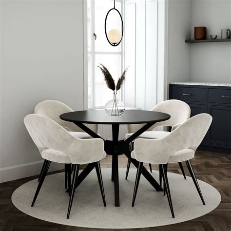 Round Black Dining Table With 4 Beige Fabric Dining Chairs Karie