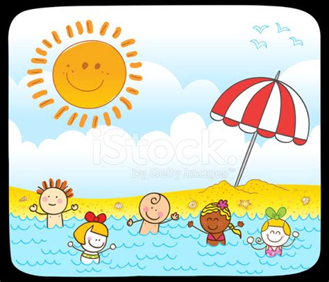 Ilustración De Dibujos Animados De Niños Feliz Verano Nadando En El Mar