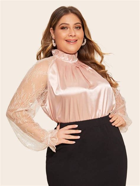 Plus Size Peach Satin Blouse With Lace Sleeves