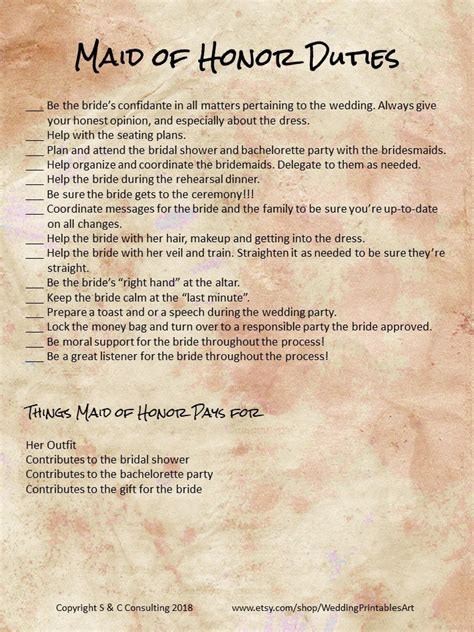 Printable Wedding Planning Diy Maid Of Honor Duties Checklist Etsy
