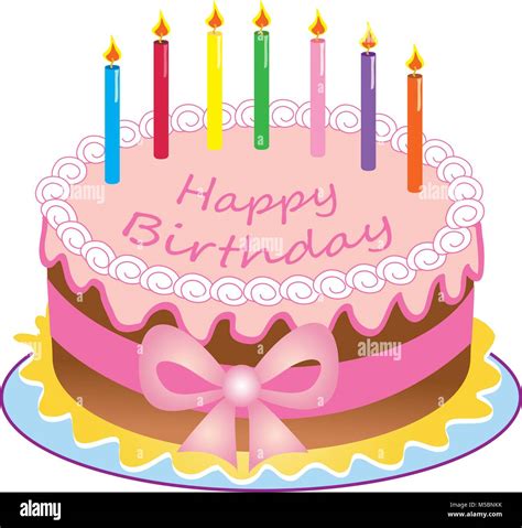 A Cartoon Happy Birthday Cake With Colored Candlessugar Icingribbon