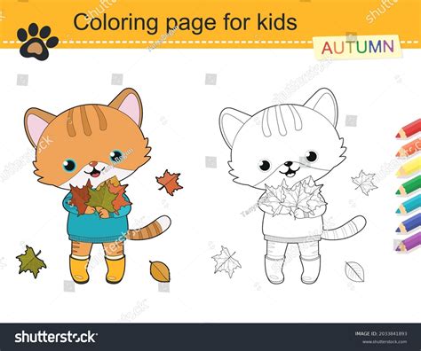 Coloring Page Cute Gray Cat Leaves Stock Vector Royalty Free
