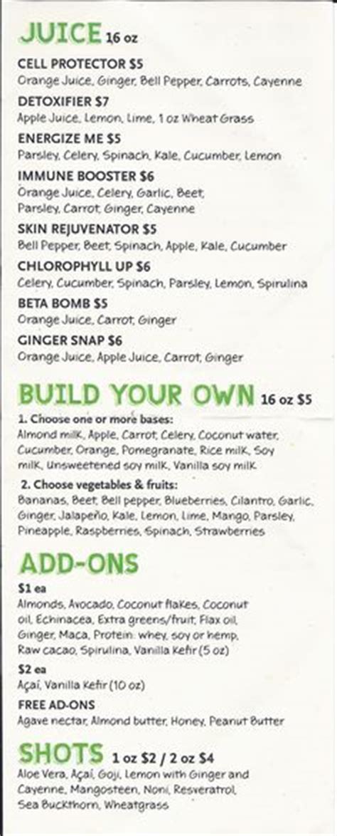 Cambie street juice co., located on the first level of the store, will be open during regular. Whole Foods Juicing/Smoothie Menu | Juicing | Grub ...