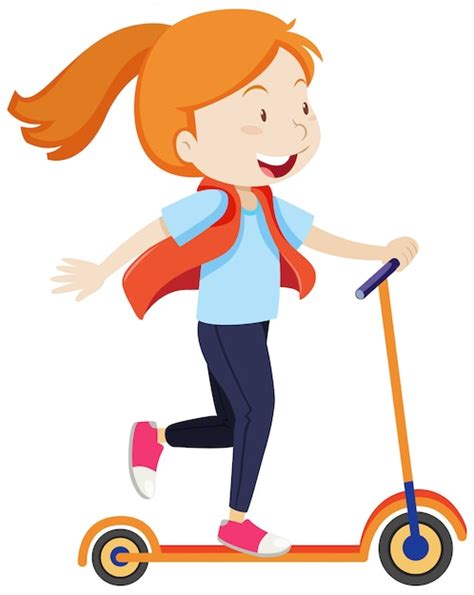 Free Vector A Girl Riding On Scooter With Happy Mood Cartoon Style