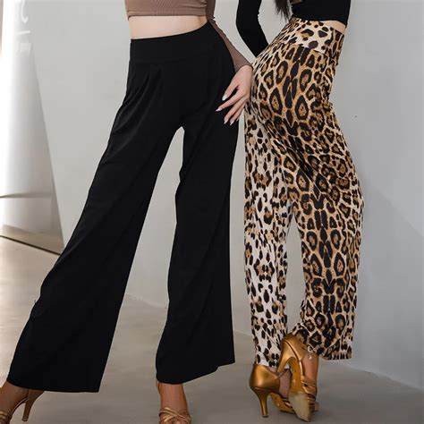 New Latin Dance Pants Women Adult Ballroom Dance Practice Clothes Black Leopard Trousers Loose