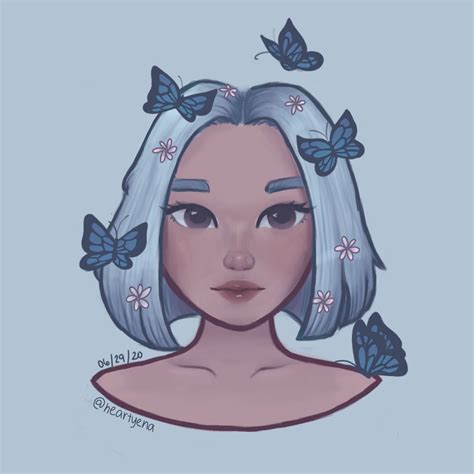 Butterflies Girl Blue Hair Drawing Art Digital Art Flowers Aesthetic Igheartyena Blue