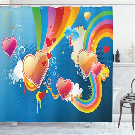 Vintage Rainbow Shower Curtain Funky Illustration Of Heart Shapes