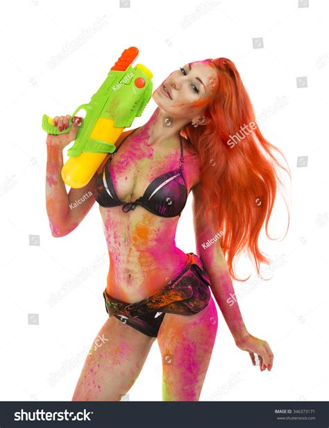 Happy Holi Festival Holi Celebration Party Beautiful Sexy Girl In Bikini With Toy Gun Colored