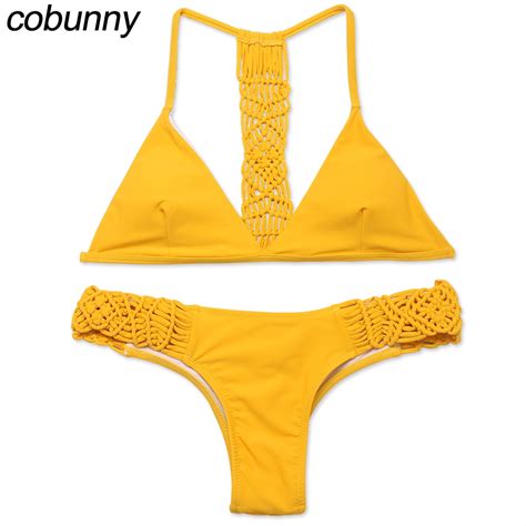 Cobunny Bikini Set Yellow Solid Women Swimwear Brazilian Bikini Swimsuit Beach Wear Thong Bottom