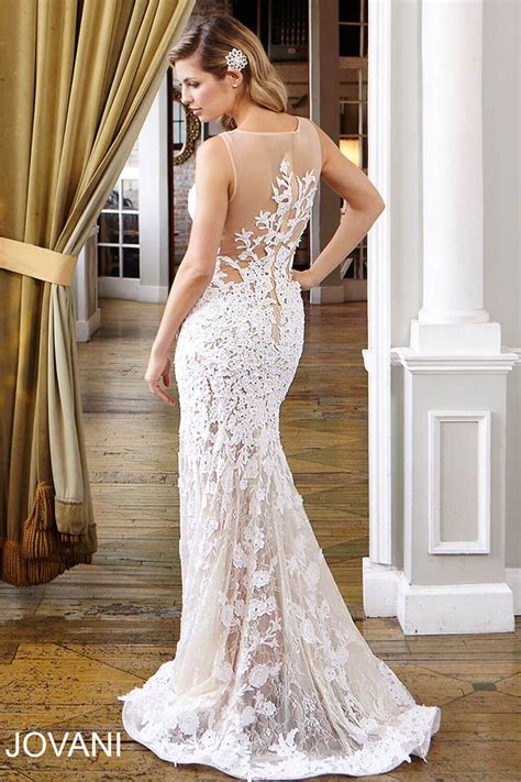 Sheer Neckline Wedding Gown Jb24877 White Lace Gown Dresses Jovani